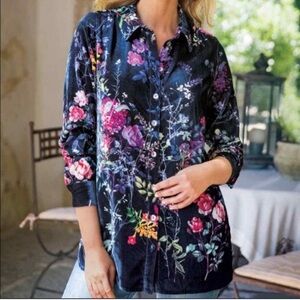 Soft Surroundings Jardim Blue Velvet Floral Soft Button up Shirt Tunic  Sz XL